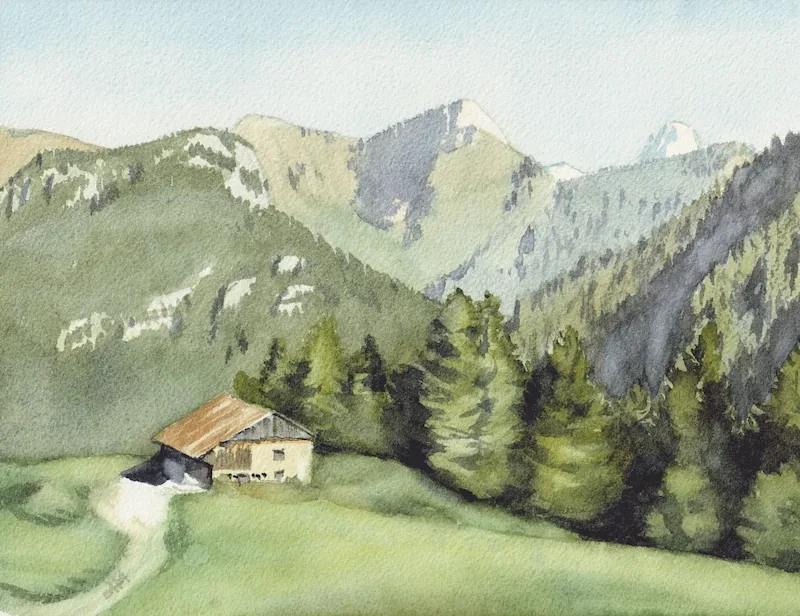 Vue sur le pic de Jallouvre et l'aiguille verte depuis un alpage du massif des Bornes, avec un chalet et des épidéas
