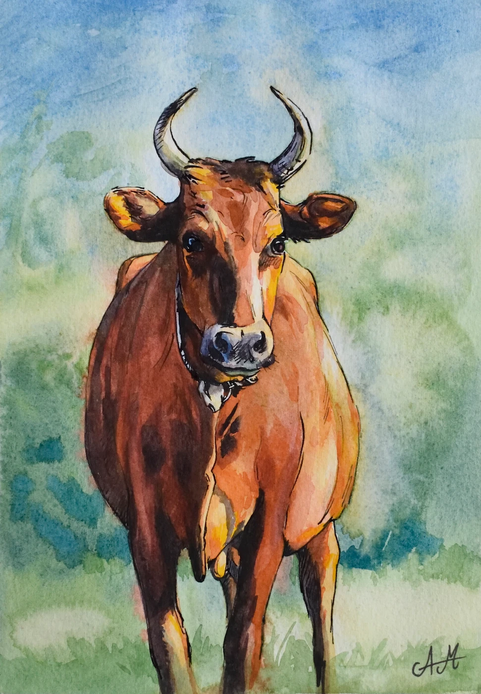 Une vache rouge à cornes debout et vue de face