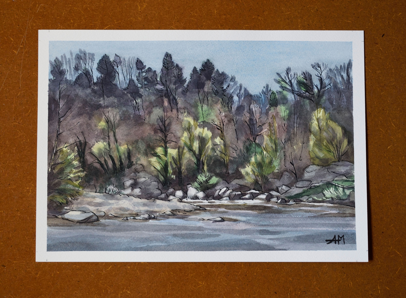 Photo de l'oeuvre "au bord du Fier" de façon à montrer la signature et l'aspect de l'oeuvre dans sa globalité.