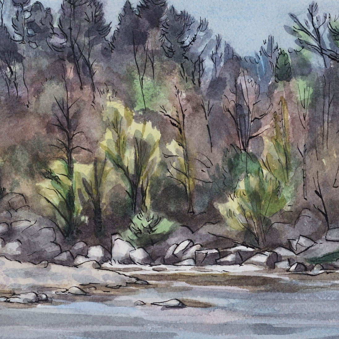 Photo de l'oeuvre "au bord du Fier". Aquarelle représentant un paysage de rivière. Vue d'un détail.