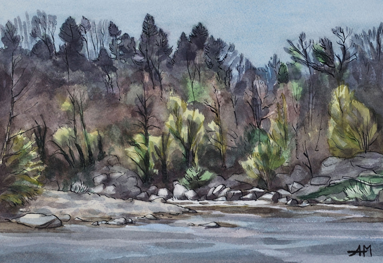 Photo de l'oeuvre "au bord du Fier". Aquarelle représentant un paysage de rivière. Vue de la peinture en entier.