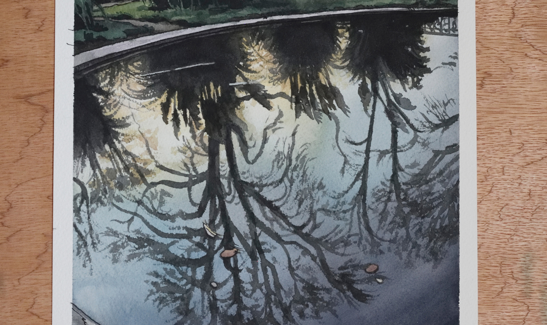 Photo de l'oeuvre "bassin du parc en novembre". Aquarelle paysagère représentant un jardin en hiver, un bassin avec des reflets d'arbres dans l'eau. Vue d'un détail.