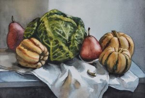 Photo de l'oeuvre "Chou et patidoux". Nature morte représentant un chou, des patidoux et des poires.