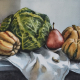 Photo de l'oeuvre "Chou et patidoux". Nature morte représentant un chou, des patidoux et des poires.