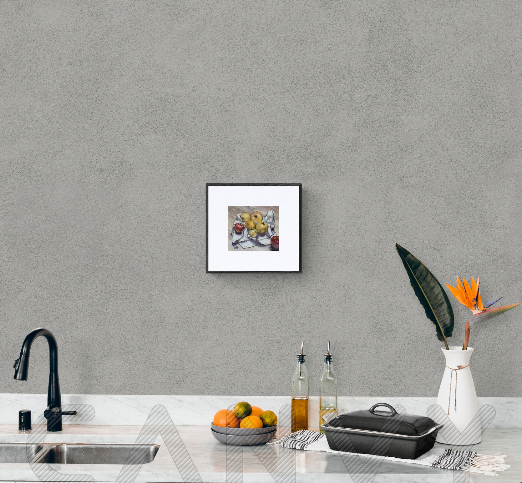 Photo de l'oeuvre "Variétés de pommes anciennes" dans un exemple d'encadrement et mise en situation dans un salon.