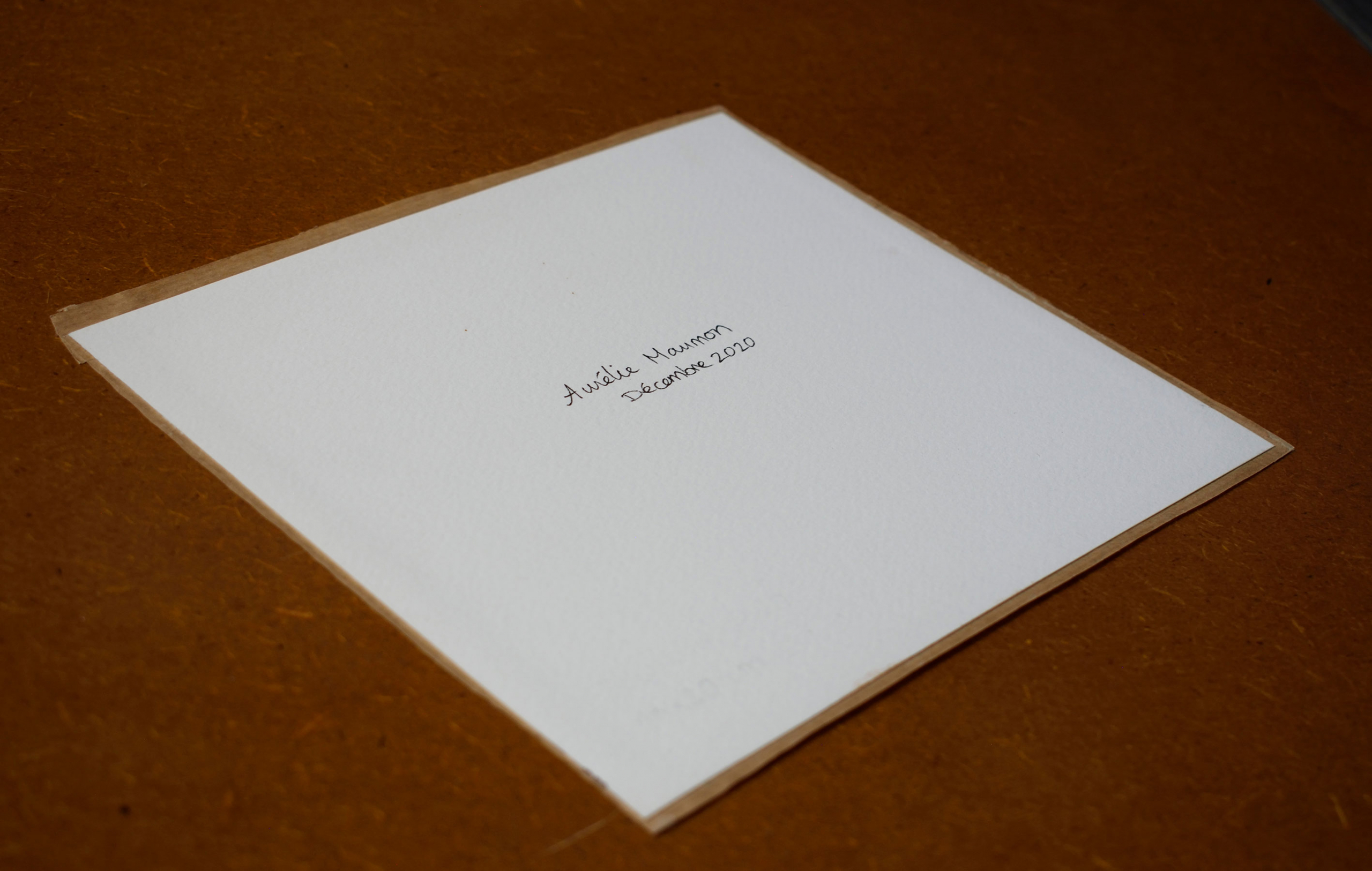 Photo de l'oeuvre "Variétés de pommes anciennes". Photo du verso avec la contre-signature et la date.