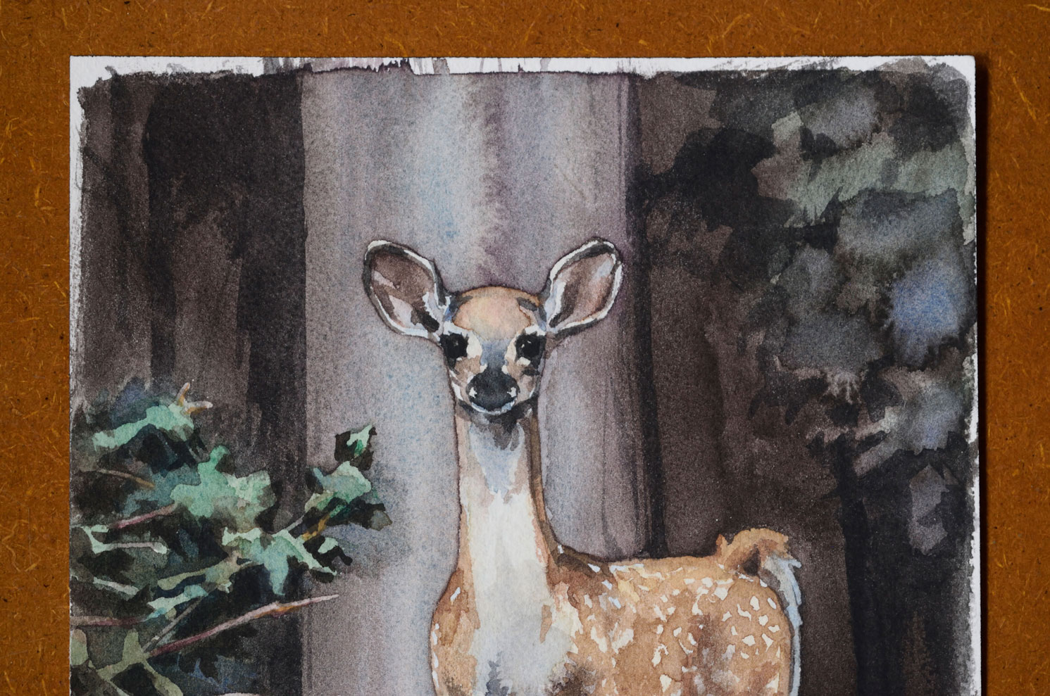 Un faon surpris détail 1 Photo de l'oeuvvre "Un faon surpris". Peinture à l'aquarelle. Vue du détail de la tête.