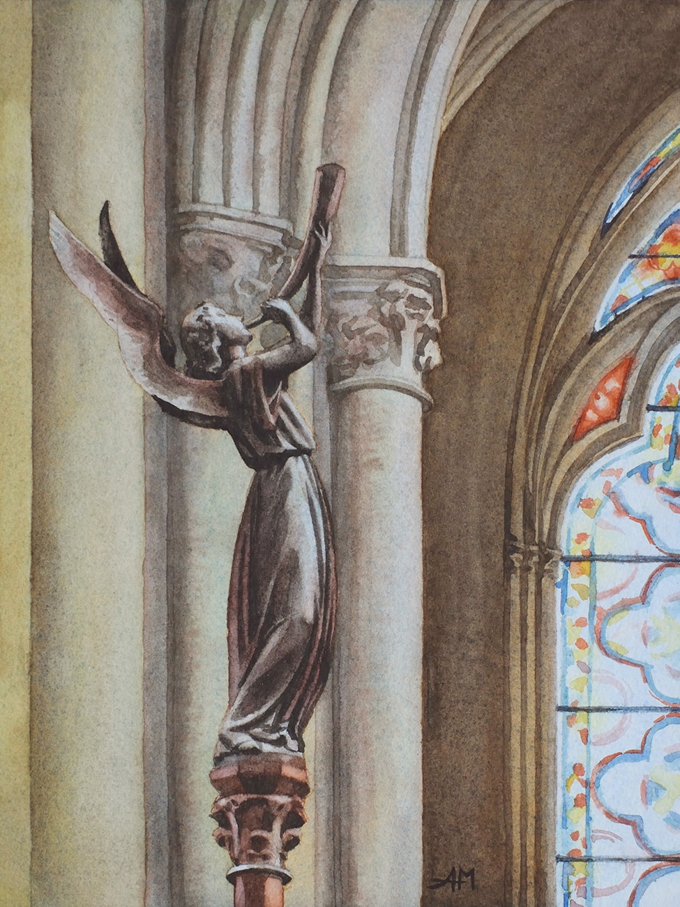 Photo de l'oeuvre "statue d'ange". Aquarelle d'inspiration chrétienne. Vue de la peinture en entier.