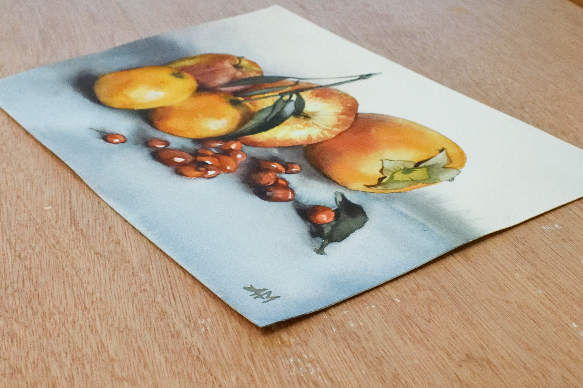 Fruits de novembre, détail avec signature. Peinture à l'aquarelle, oeuvre originale.