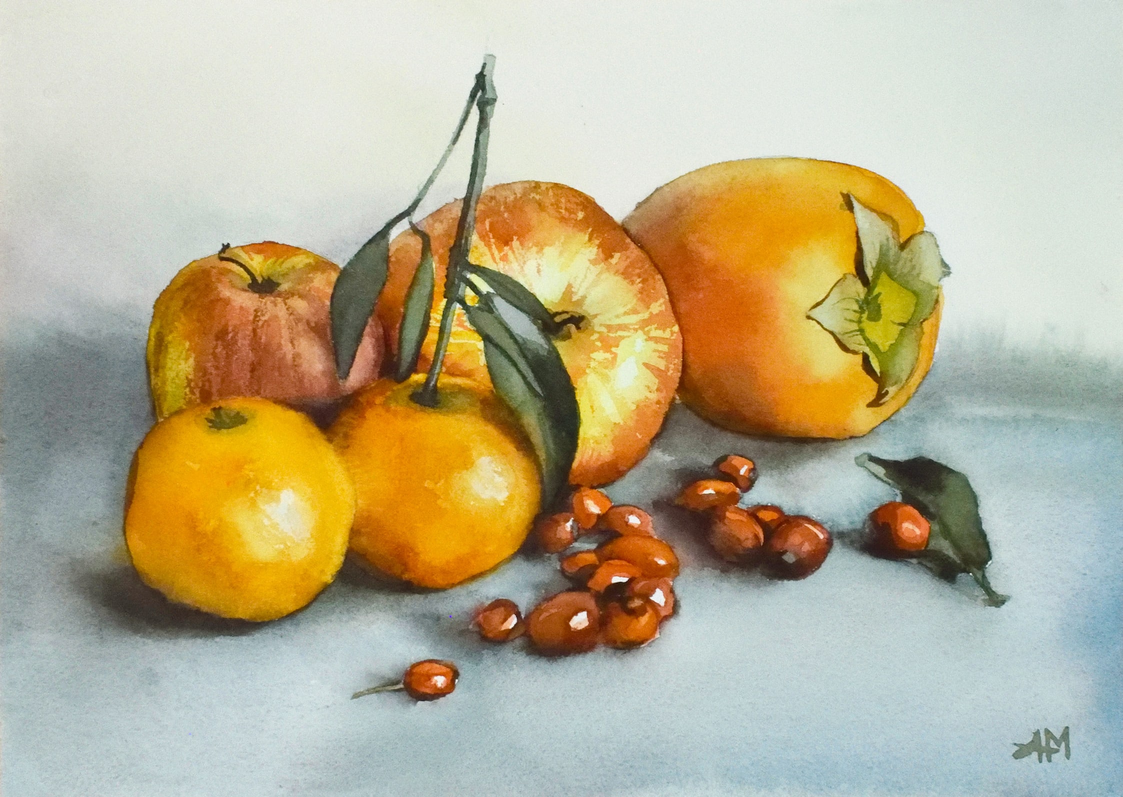 Aquarelle représentant des fruits: clémentines, pommes, cynorrhodons (gratte-cul) et un kaki. Photo de l'oeuvre "fruits de novembre". Vue de la peinture en entier.