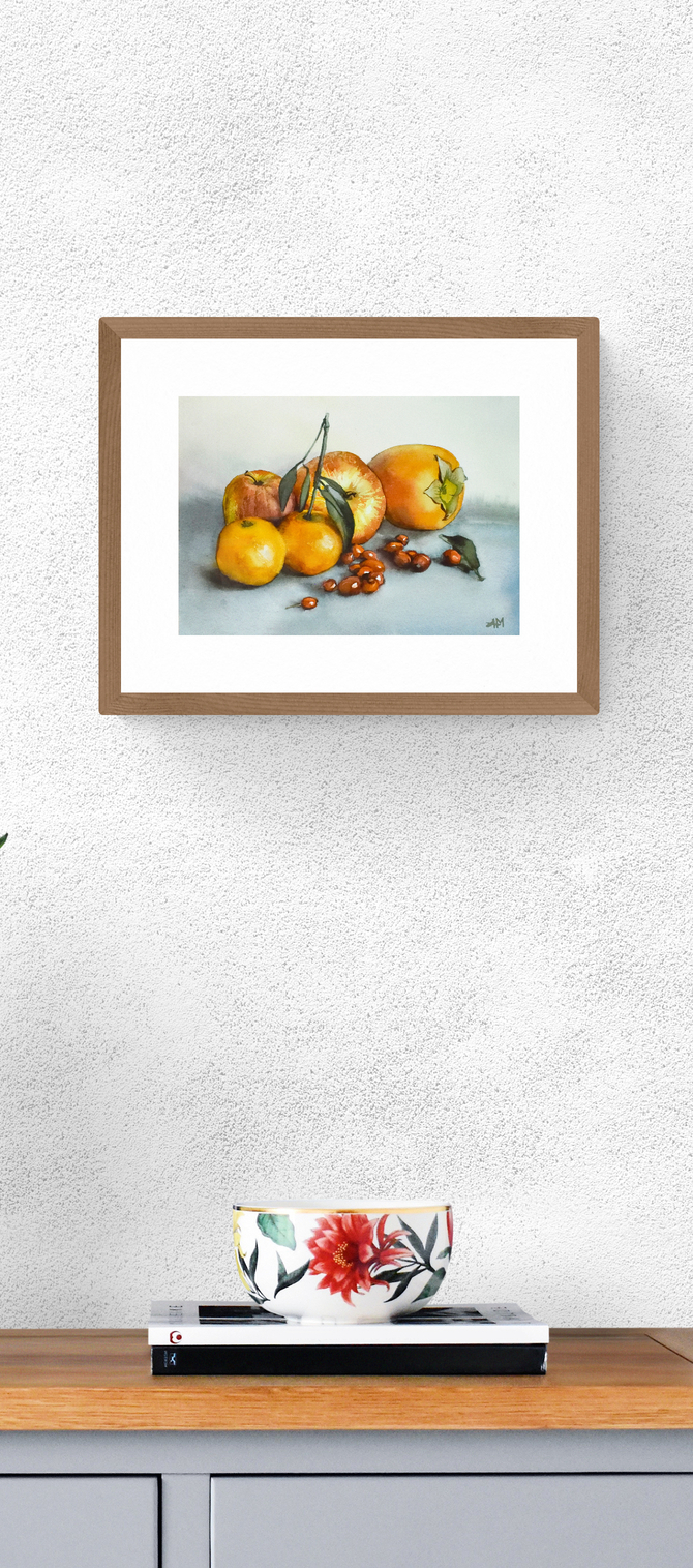 Photo de l'oeuvre "fruits de novembre" dans un exemple d'encadrement et mise en situation dans un salon.