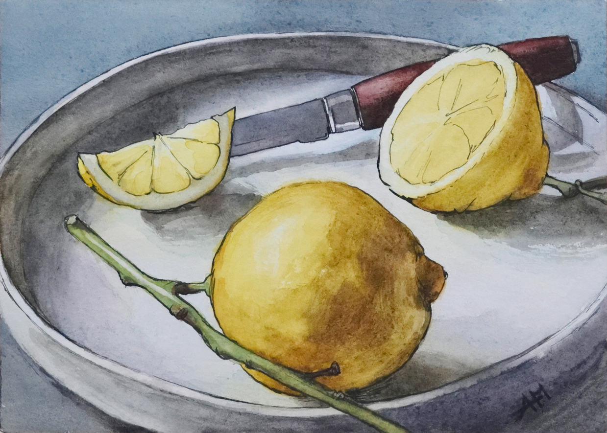 Photo de l'oeuvre "citrons". Nature morte à l'aquarelle. Vue de la peinture en entier.