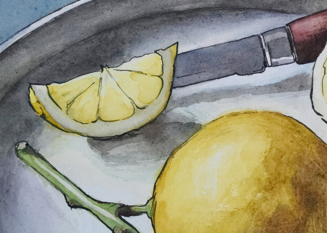 Photo de l'oeuvre "citrons". Nature morte à l'aquarelle. Vue d'un détail.
