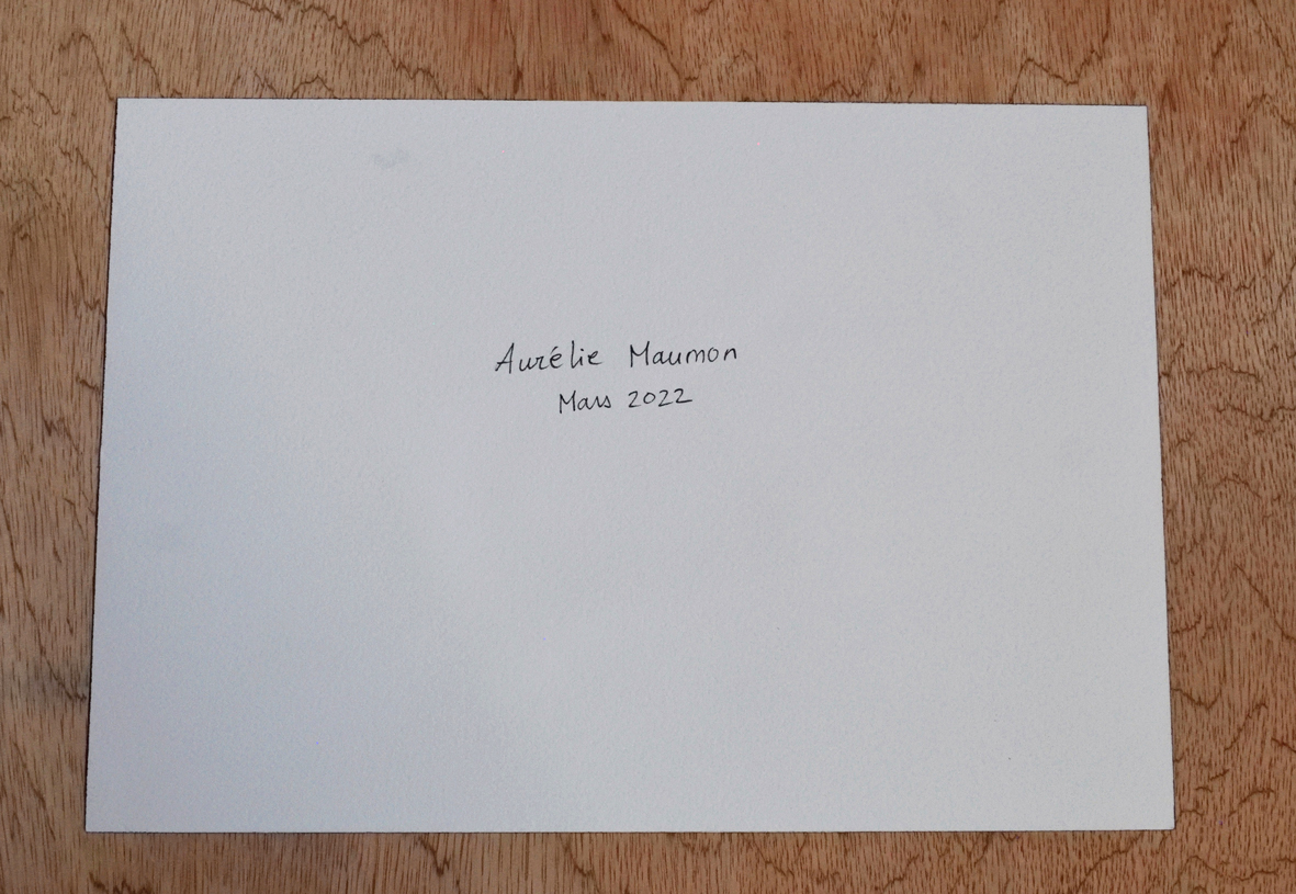 Photo de l'oeuvre "tourterelle" vue du verso avec la contre-signature et la date.