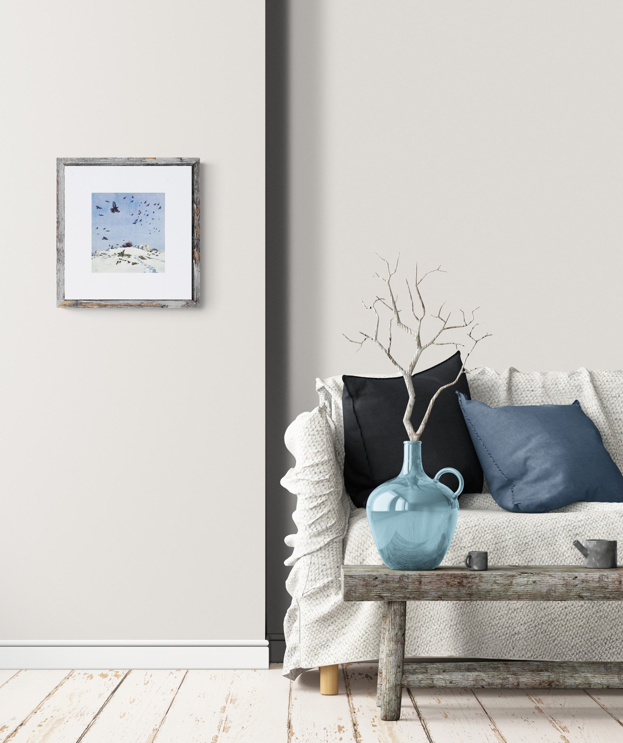 Photo de l'oeuvre dans un exemple d'encadrement et mise en situation dans un intérieur.