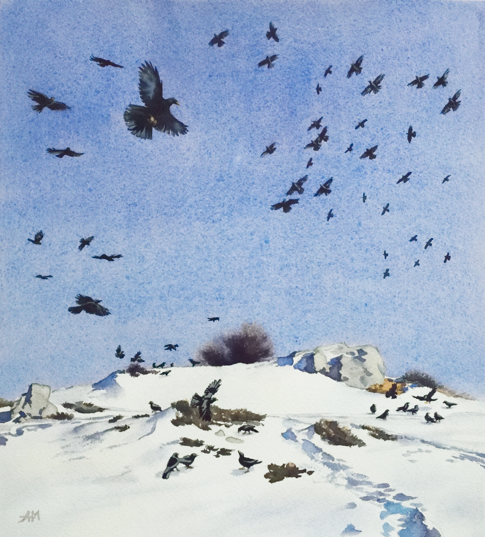 Photo de l'oeuvre "La nuée de la liberté". Aquarelle animalière. Vue de la peinture en entier.