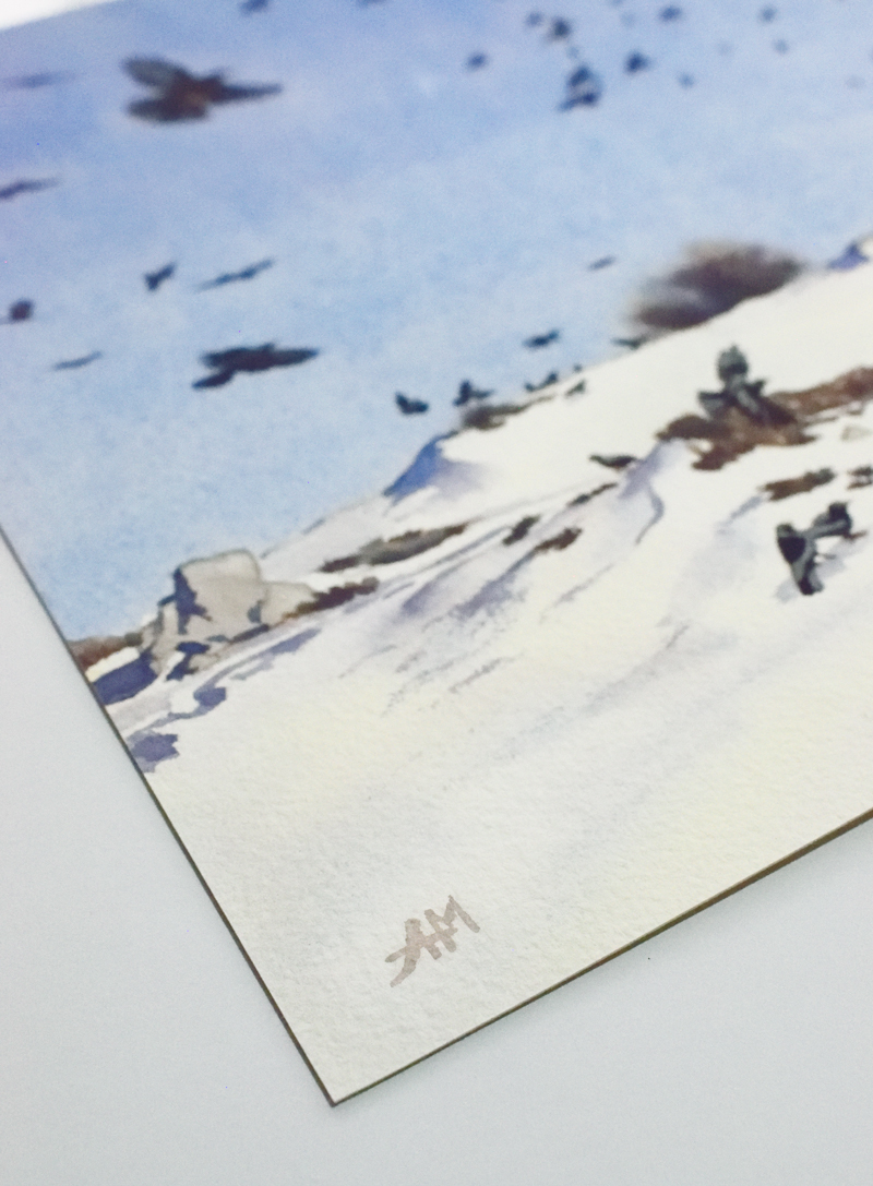 "La nuée de la liberté" détail de l'oeuvre avec la signature de l'artiste. Peinture à l'aquarelle, oeuvre originale.