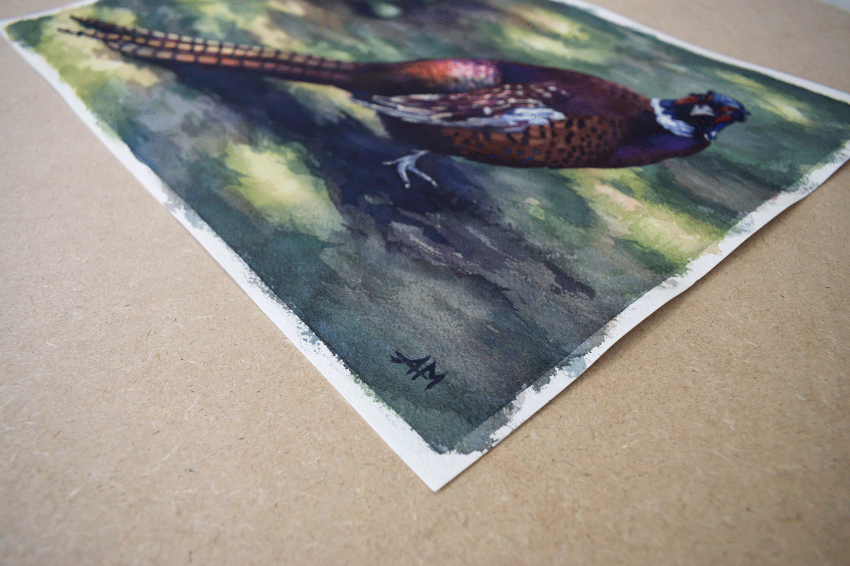 Détail de l'oeuvre "Les plumes du faisan" avec la signature de l'artiste.