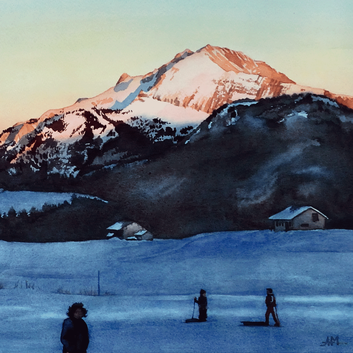 Photo de l'oeuvre "Soleil couchant au plateau des Glières". Aquarelle paysagère. Vue d'un détail de la peinture.