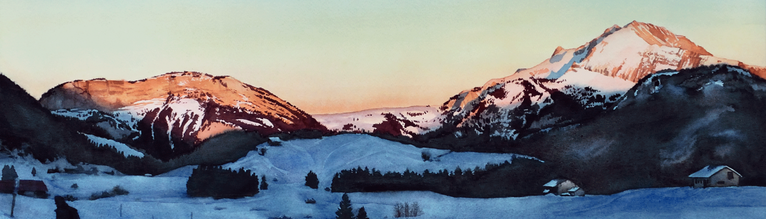 Photo de l'oeuvre "Soleil couchant au plateau des Glières". Aquarelle paysagère. Vue de la peinture en entier.