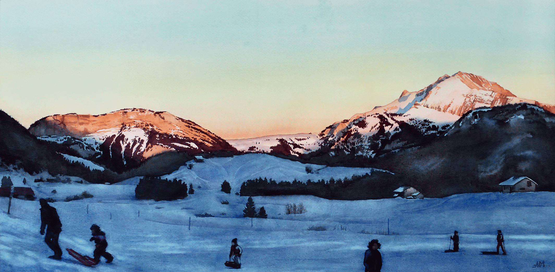 Photo de l'oeuvre "Soleil couchant au plateau des Glières". Aquarelle paysagère. Vue de la peinture en entier.