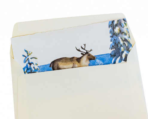 Une carte de vœux est glissée dans une enveloppe. La carte est peinte à la main et représente un renne marchant dans la neige au soleil et à côté d'épicéas couverts d'une épaisse couche de neige. L'ombre des arbres s'étend dans une couleur bleue vive et on voit la brume causée par le souffle du renne. L'enveloppe est de couleur ivoire.